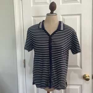 Karen Scott short sleeve button-down striped navy blue sweater top women’s PS